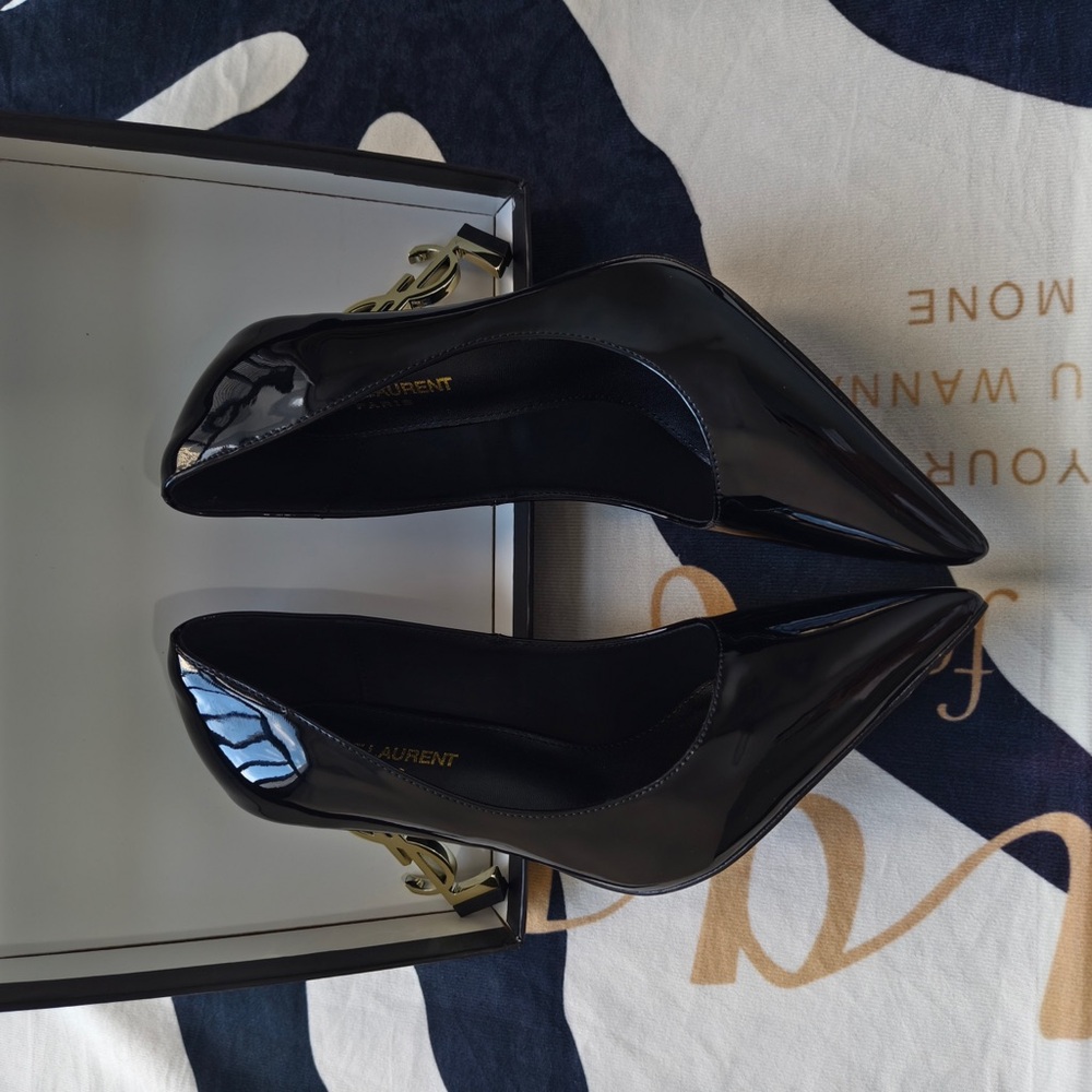 Saint Laurent Black Patent Pointed-Toe Heels with Gold YSL Logo Heel - Picture 8 of 12